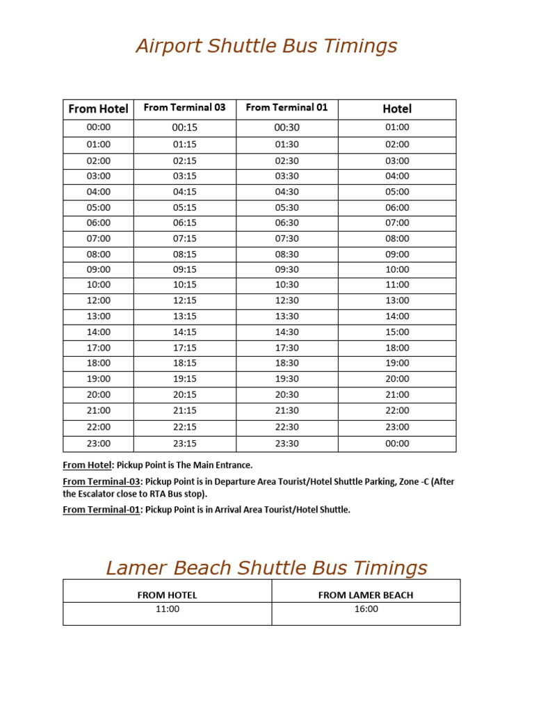 Airport Shuttle Bus Schedule Details | PDF