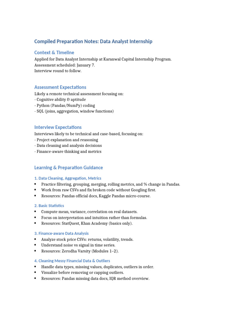 Data Analyst Internship Prep Guide | PDF