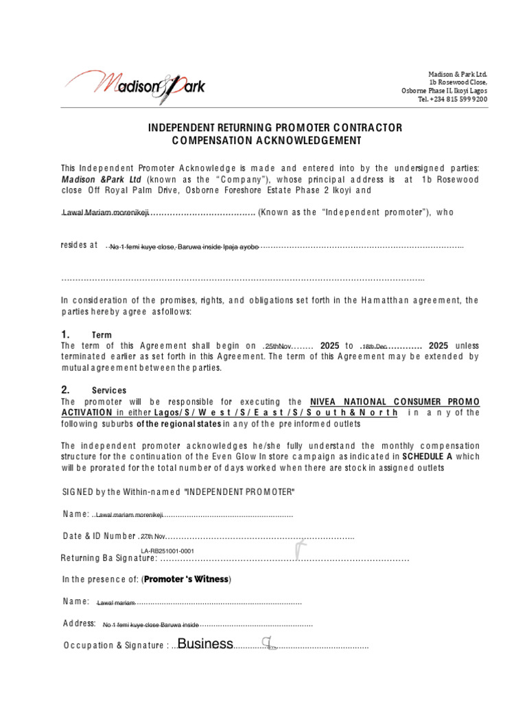 Independent Promoter Compensation Agreement | PDF