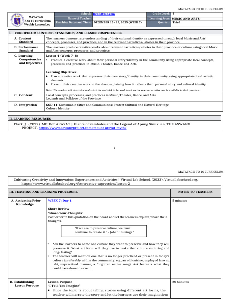 K-10 Music and Arts Lesson Plan | PDF | Teachers | Curriculum