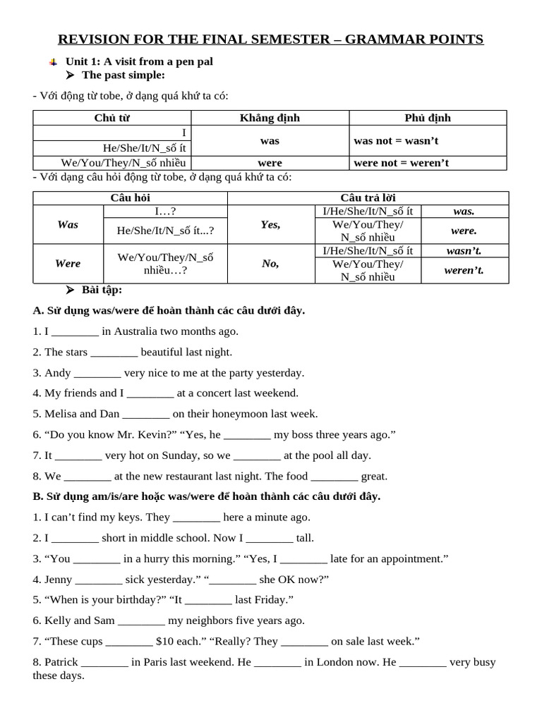 Revision For The Final Semester - Grammar Points | PDF