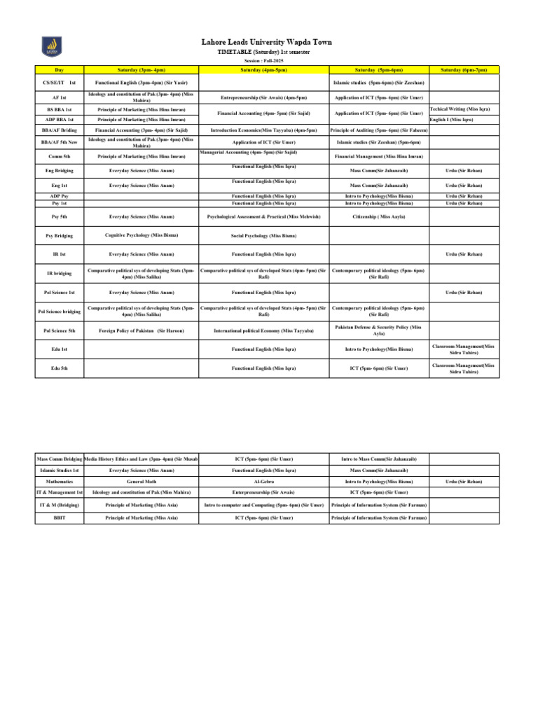 Fall 2025 Saturday Class Timetable | PDF | Science | Liberal Arts Education