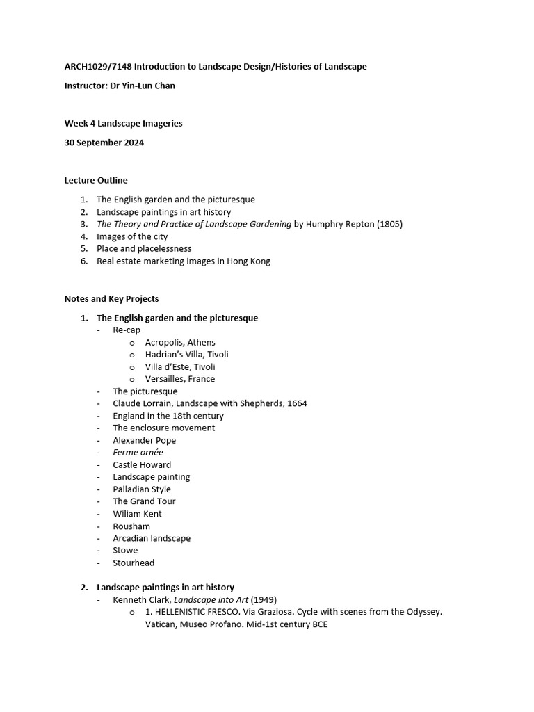 ARCH1029 7148 Lecture 4 Notes Landscape Imageries 20240930 | PDF ...