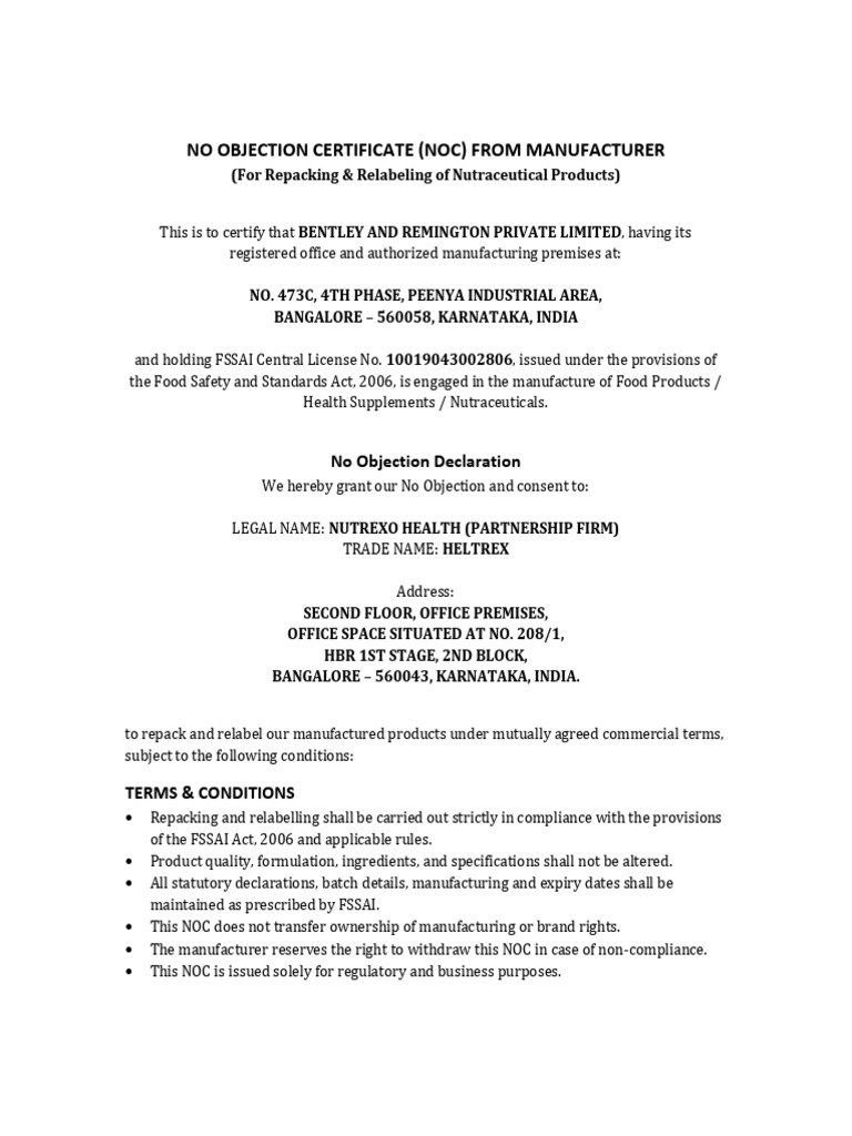 No Objection Certificate (Noc) From Manufacturer | PDF