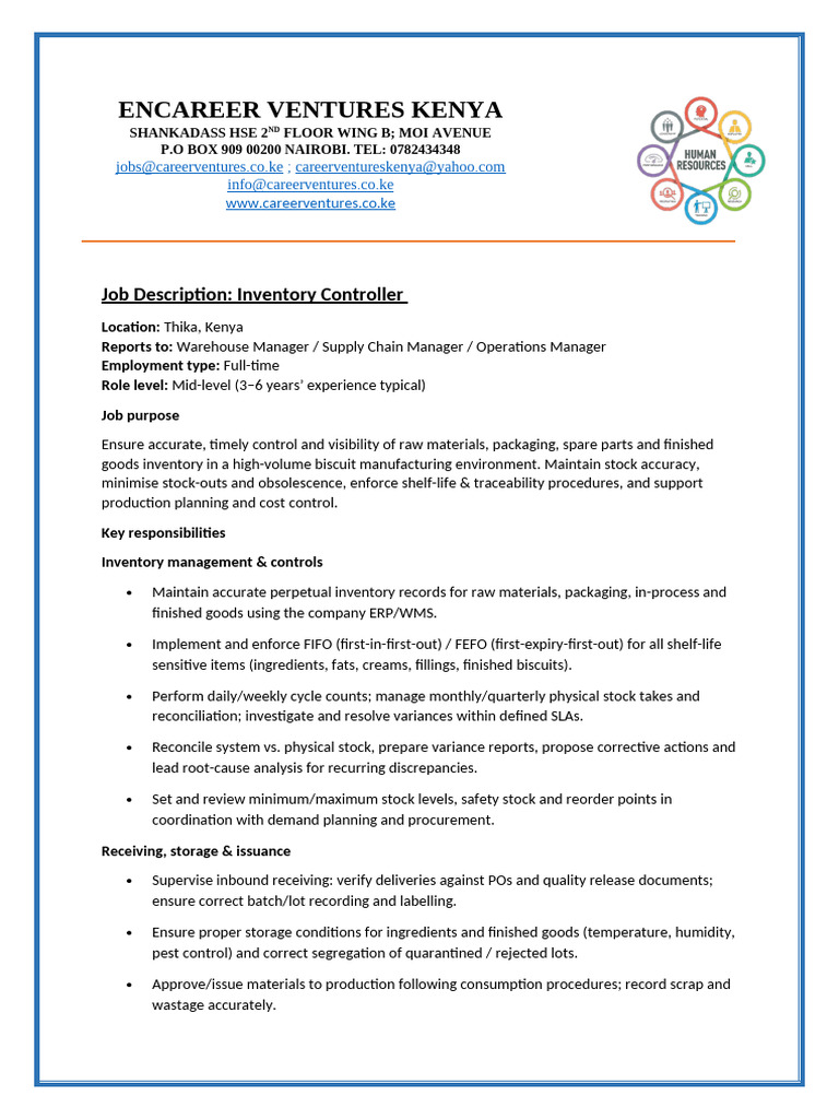 Inventory Controller Job in Thika, Kenya | PDF | Inventory | Warehouse