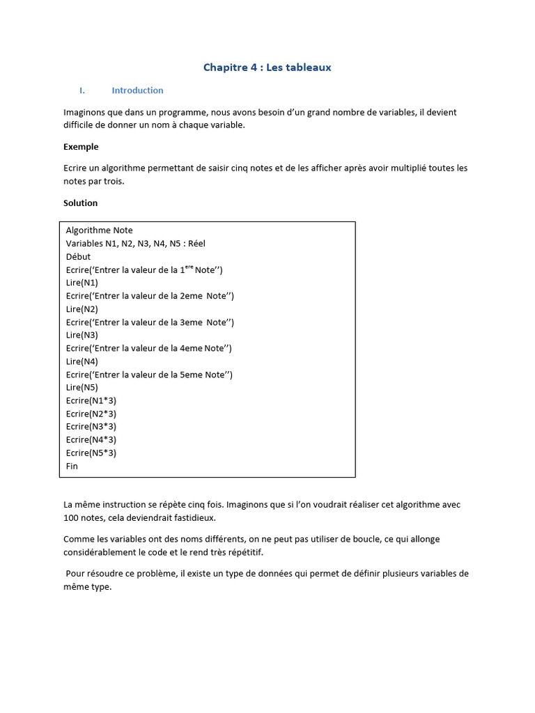 Introduction aux Tableaux en Programmation | PDF | Structure de ...