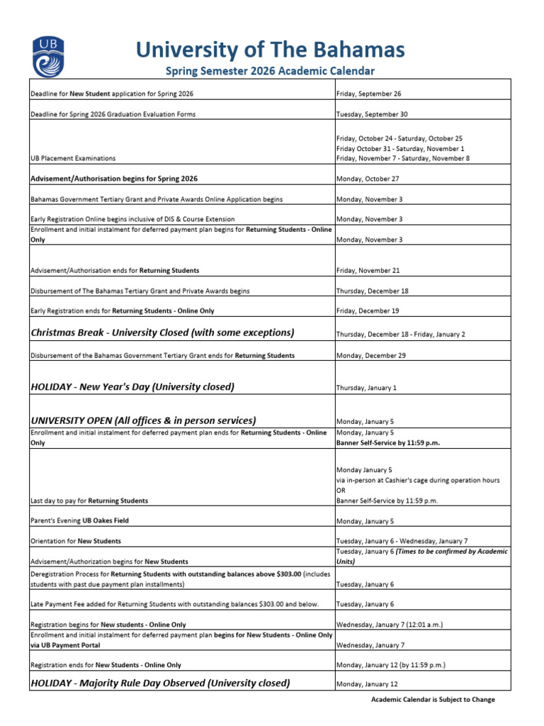 Spring 2026 Academic Calendar.xlsx | PDF | Academic Term | Higher Education