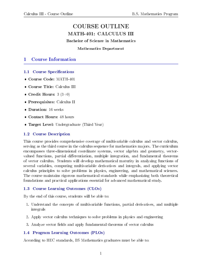 Calculus III Course Outline for B.S. Math | PDF | Integral | Derivative