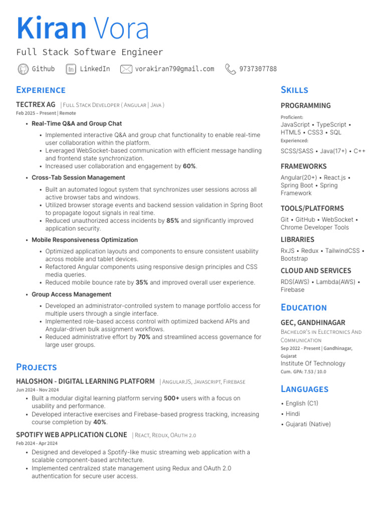 Full Stack Developer Resume: Kiran Vora | PDF | Angular Js | Software