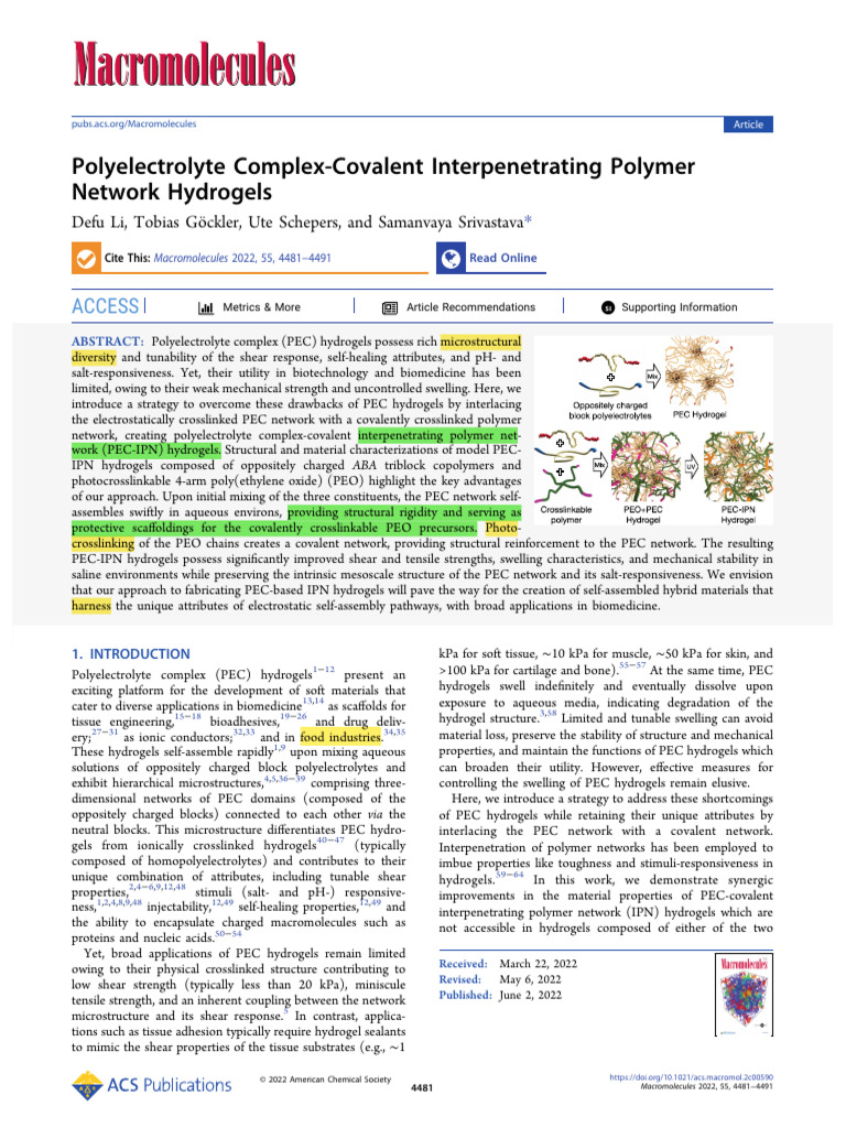 Polyelectrolyte Complex Covalent Interpenetrating Polymer Network ...