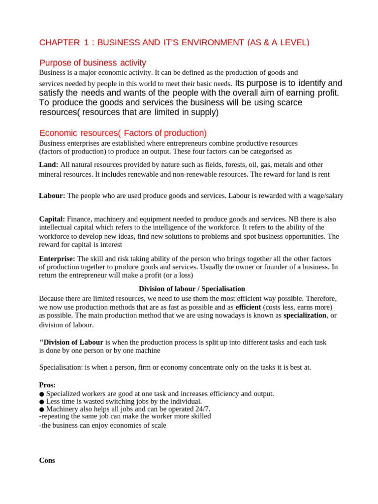 Chapter 1 Business and Its Environment As and A Level | PDF ...