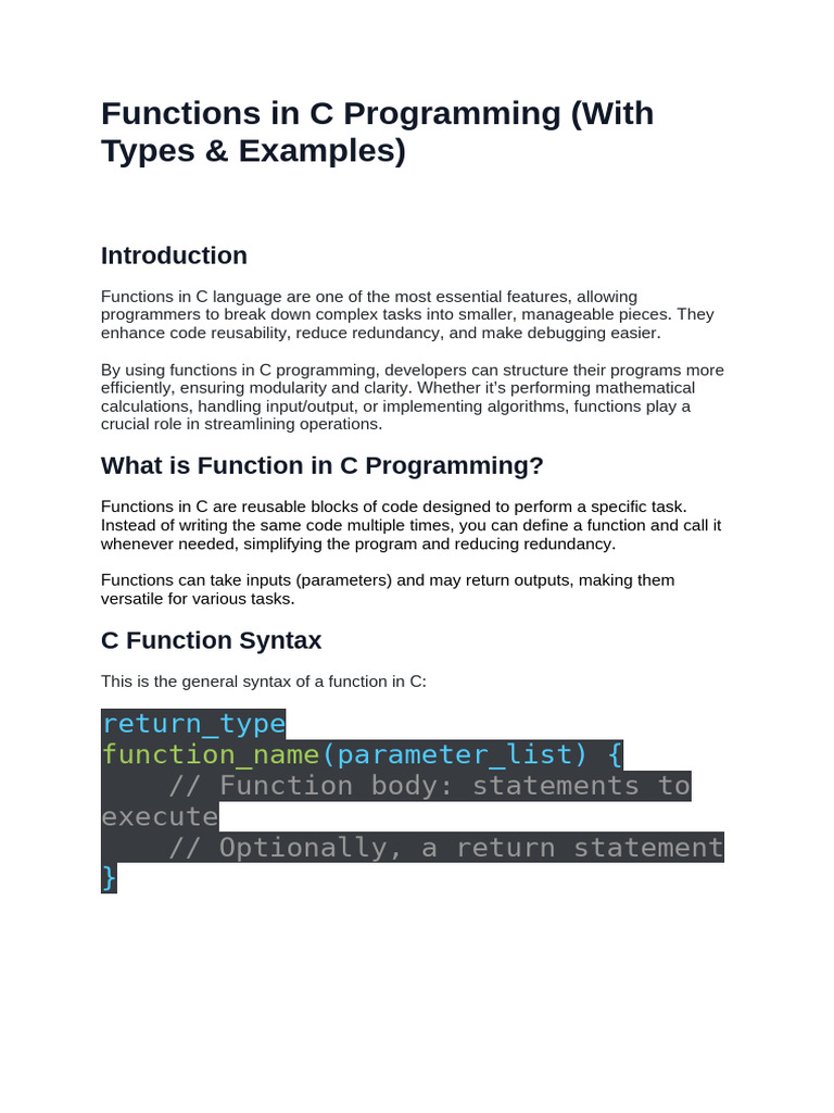 C Programming Functions Explained | PDF | Parameter (Computer ...