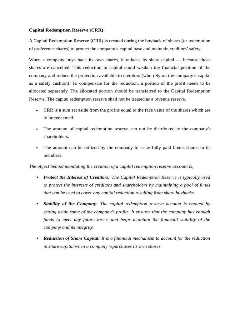 Understanding Capital Redemption Reserve (CRR) | PDF | Share Repurchase ...