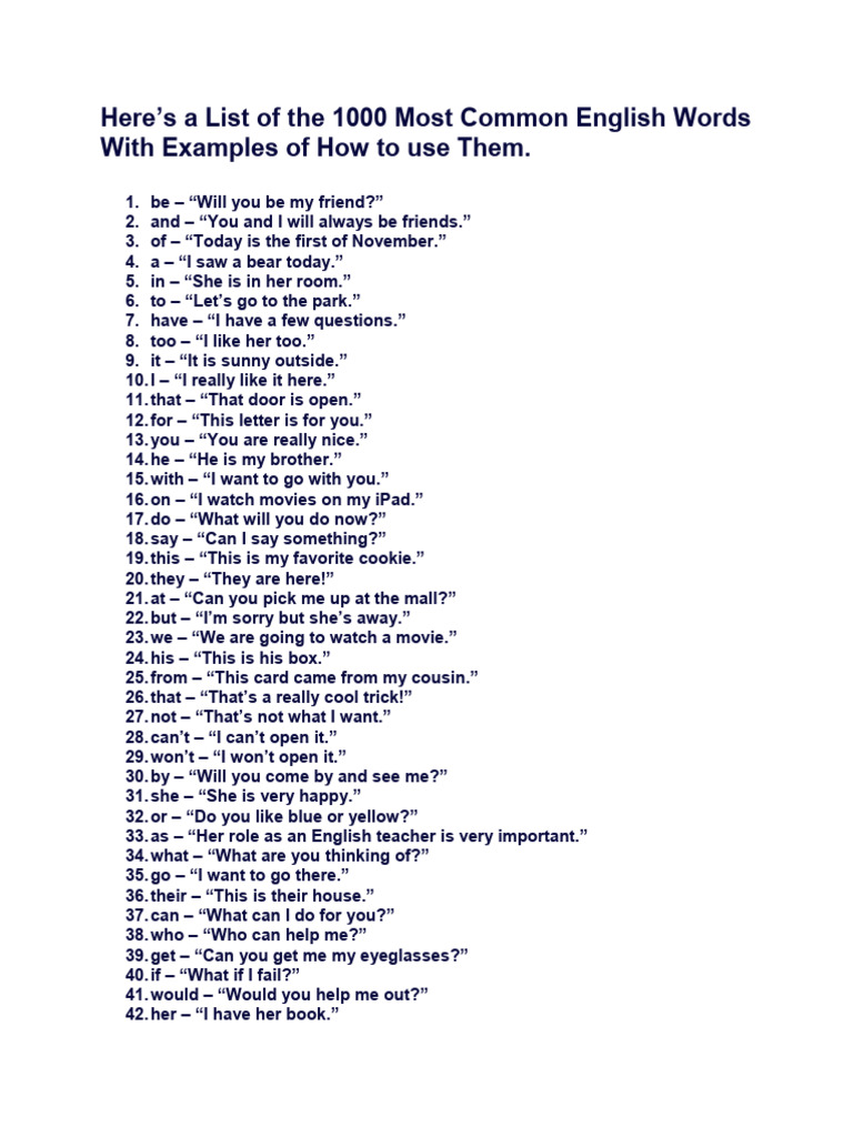 1000 Common English Words with Examples | PDF