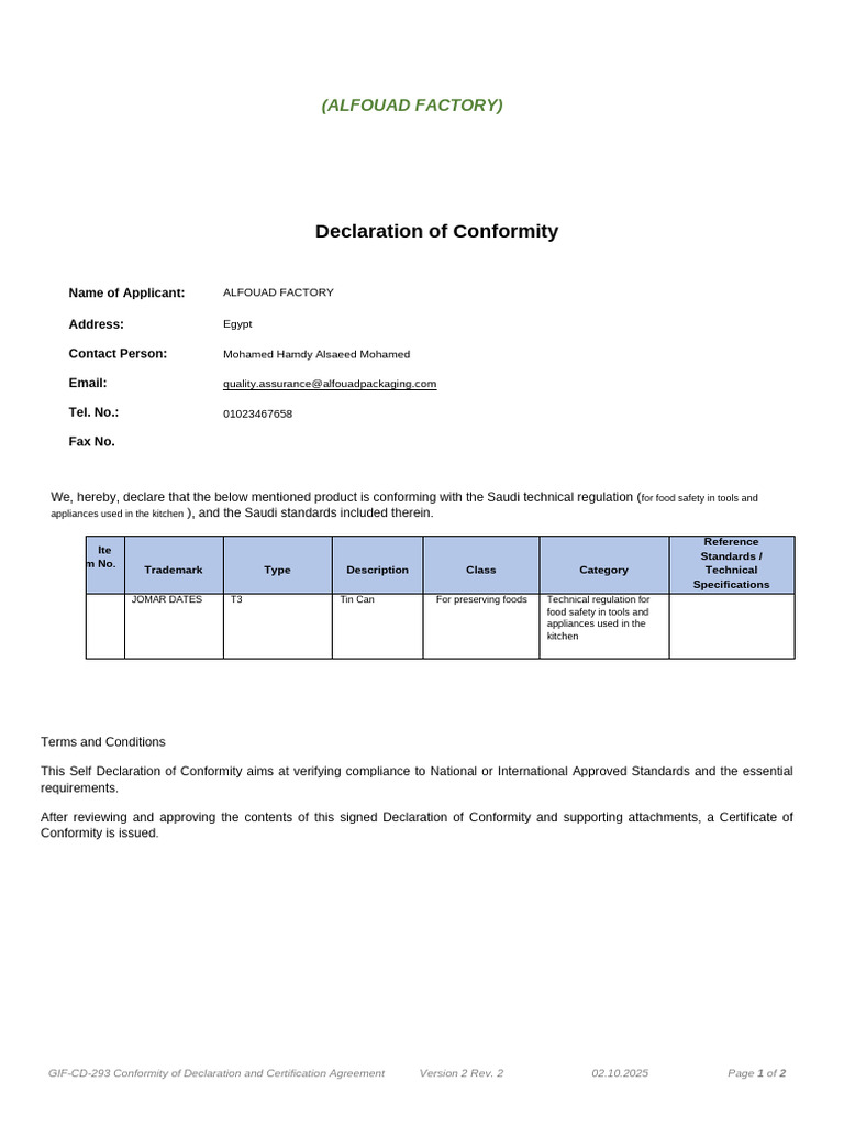 ALFOUAD FACTORY Compliance Declaration | PDF | Certification ...