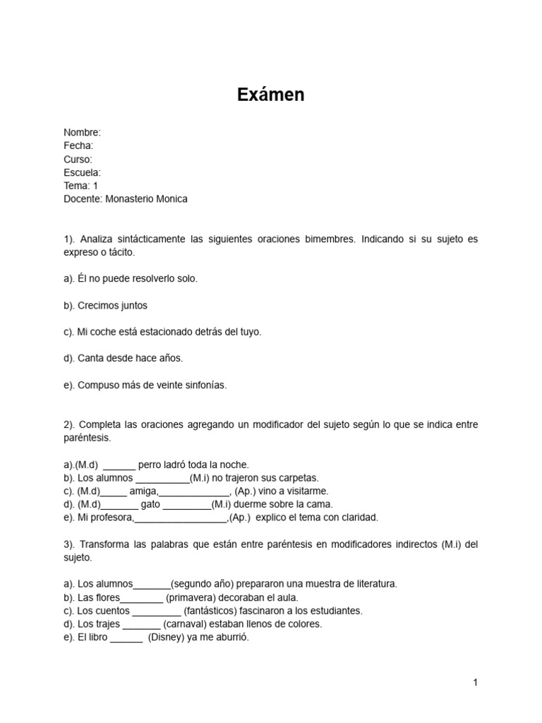 Exámen | PDF | Predicado (Gramática) | Asunto (gramática)