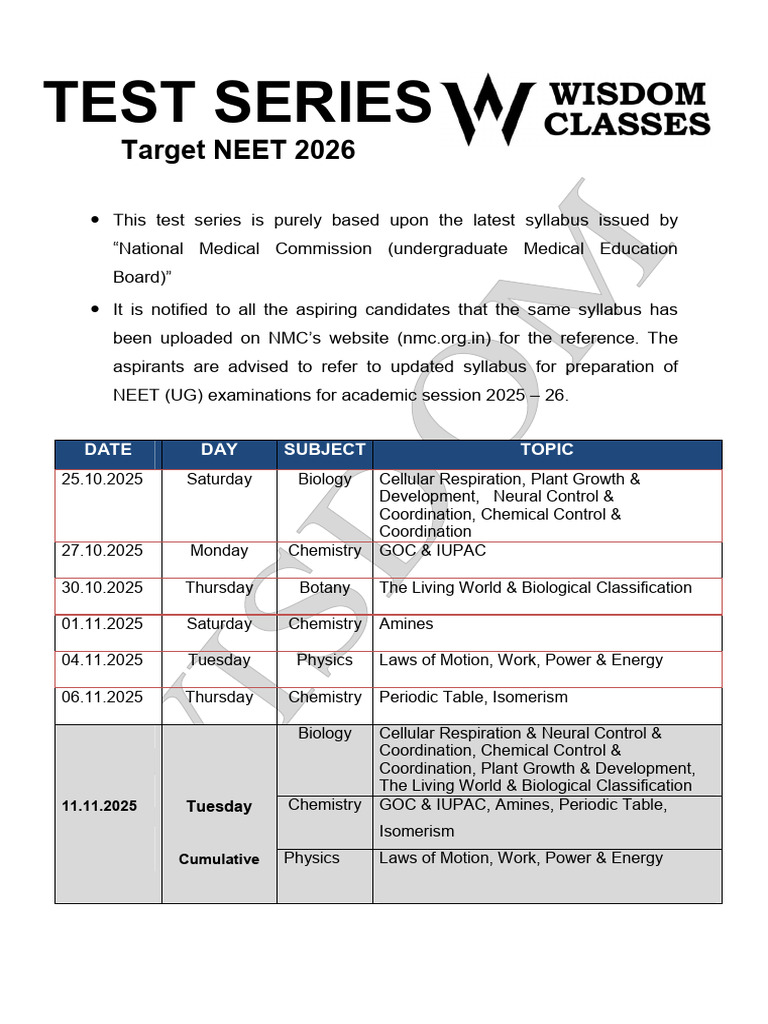 NEET 2026 Test Series Schedule | PDF | Chemistry | Biology