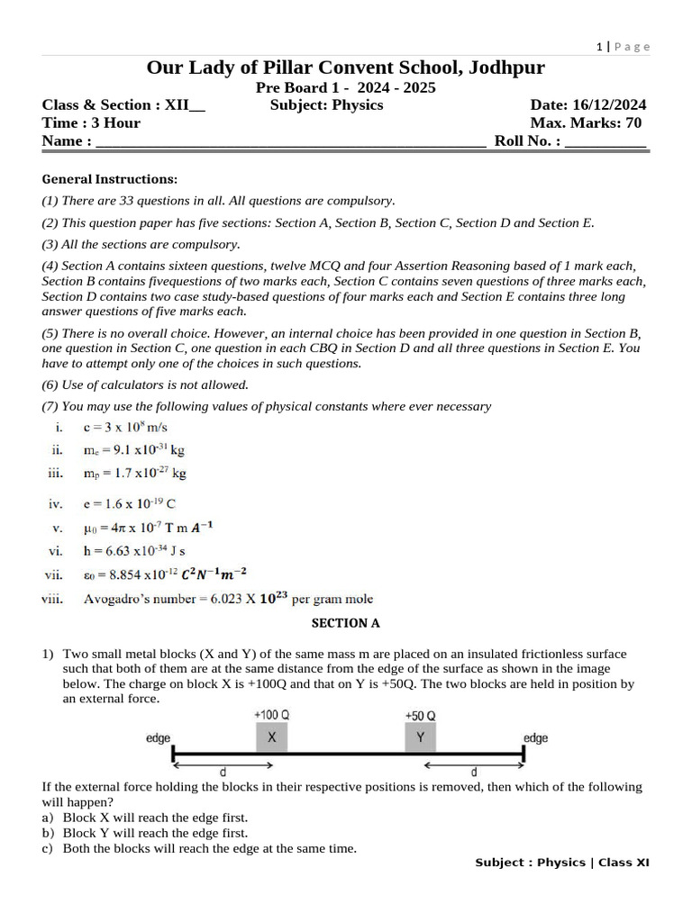 Physics Pre Board Exam Paper 2024-25 | PDF | Photoelectric Effect ...