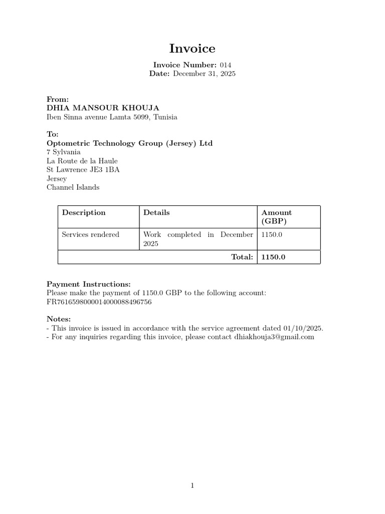Invoice 014 for Services Rendered | PDF