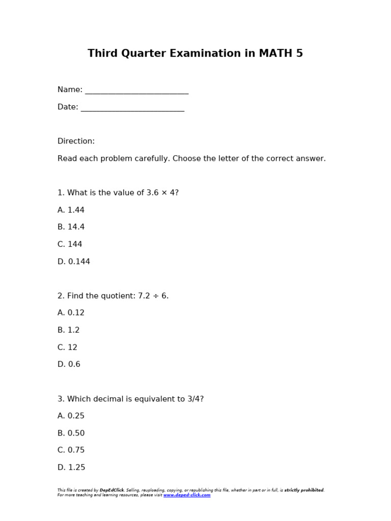 MATH 5 Third Quarter Exam Questions | PDF | Mathematics | Odds
