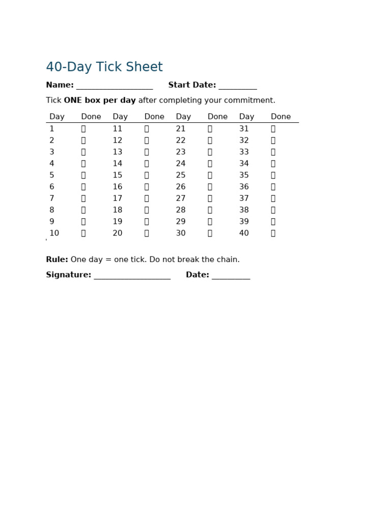 40-Day Commitment Tracking Sheet | PDF