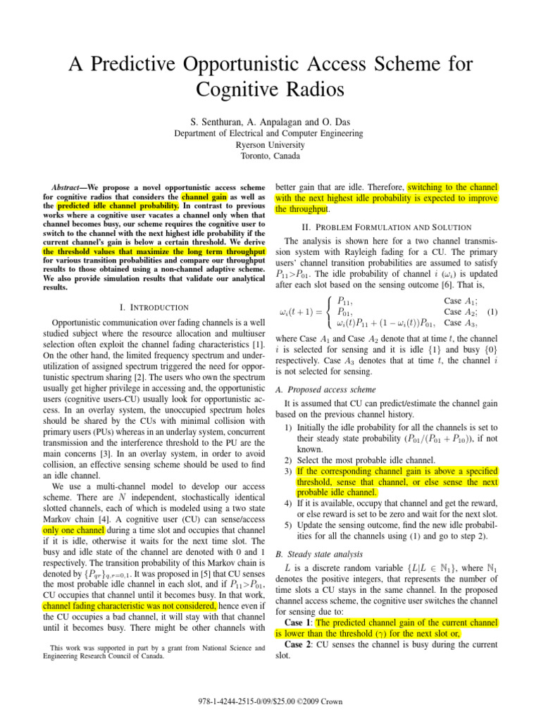 Predictive Access for Cognitive Radios | PDF | Cognitive Radio | Markov ...