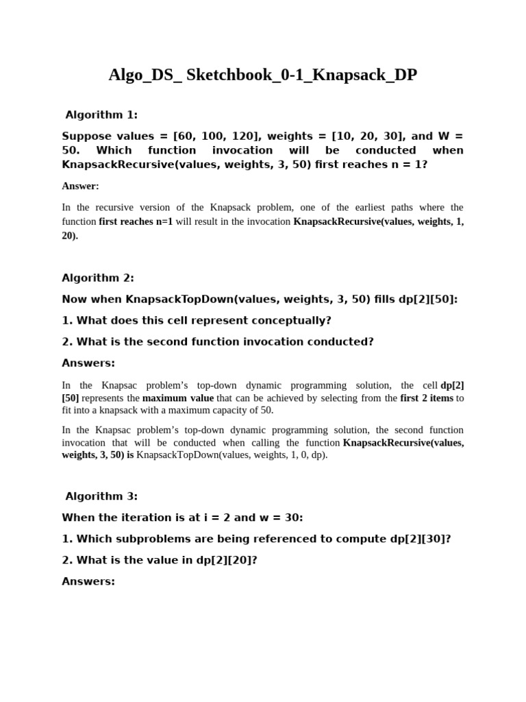 Algo DS Sketchbook 0-1 Knapsack DP | PDF