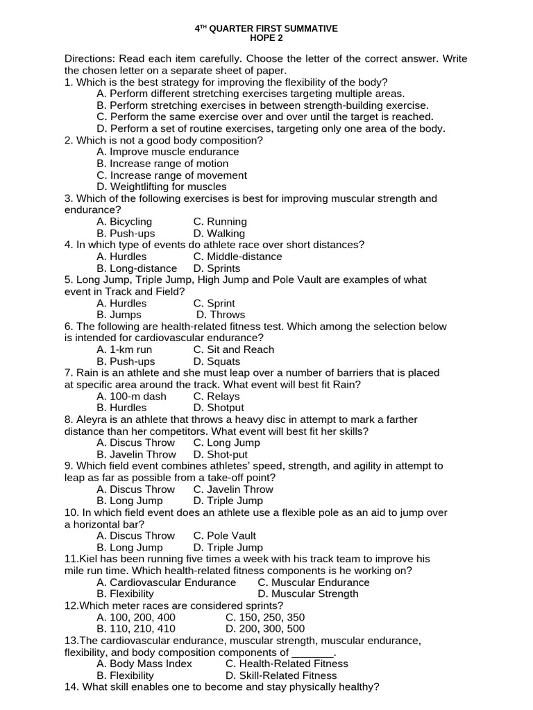 4th Quarter First Summative Hope | PDF | Track And Field | Physical ...