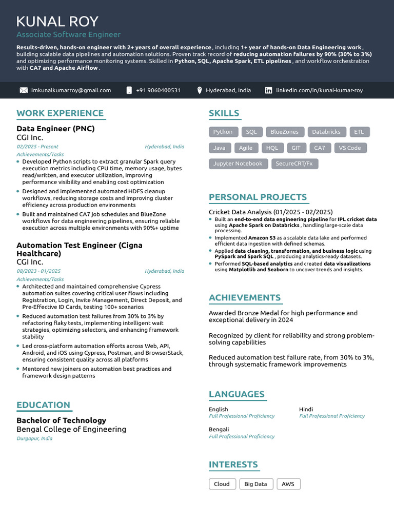 Kunal Roy: Data Engineer Profile | PDF | Apache Spark | Information ...