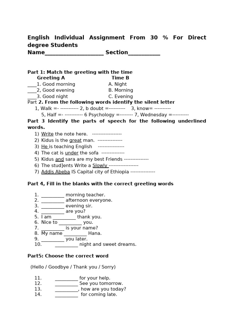 English Assignment: Greetings & Grammar | PDF