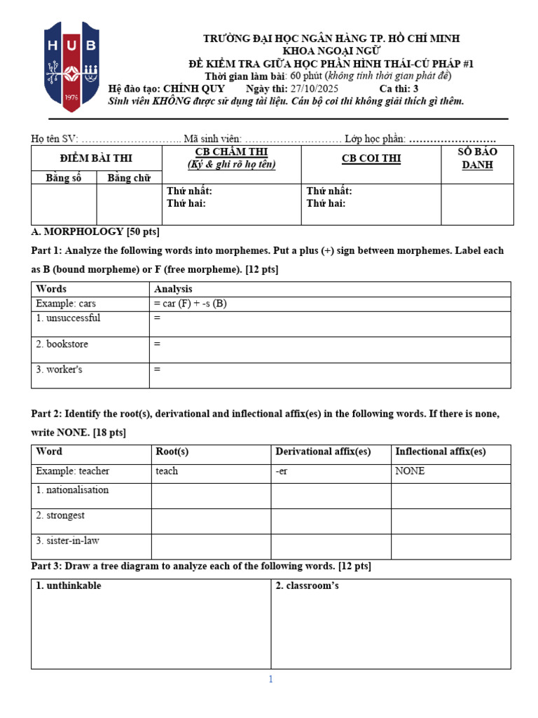 Morphology and Syntax Exam Papers | PDF | Grammar | Linguistic Morphology
