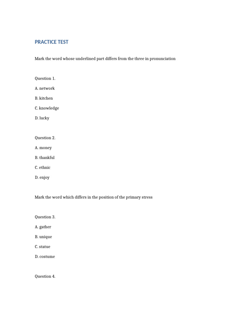 English Pronunciation and Stress Practice Test | PDF