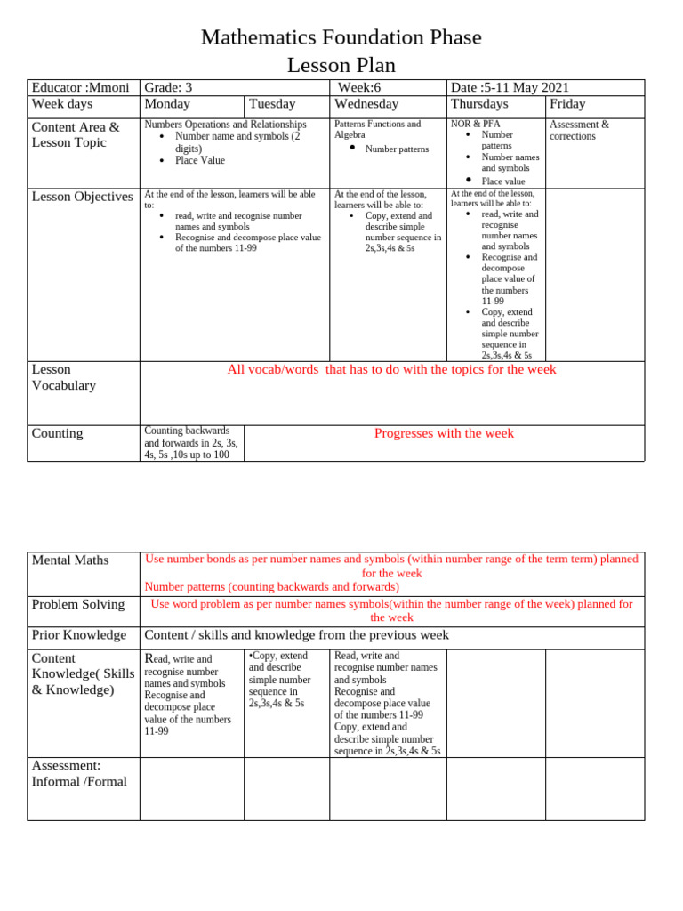 Maths FP Lesson Plan Template | PDF | Numbers | Mathematics