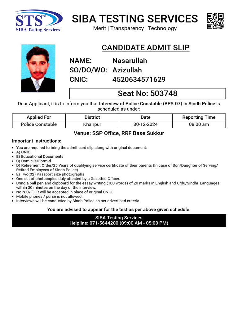 Siba Testing Services: Candidate Admit Slip | PDF