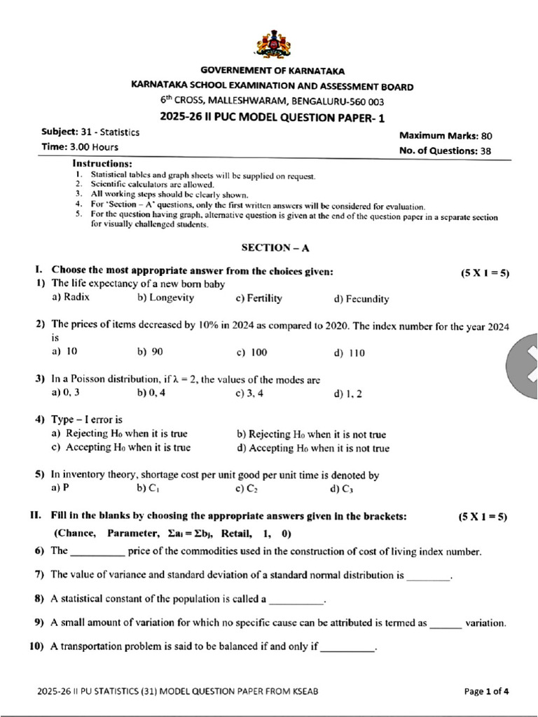 Model Test Paper 1 -Stats | PDF