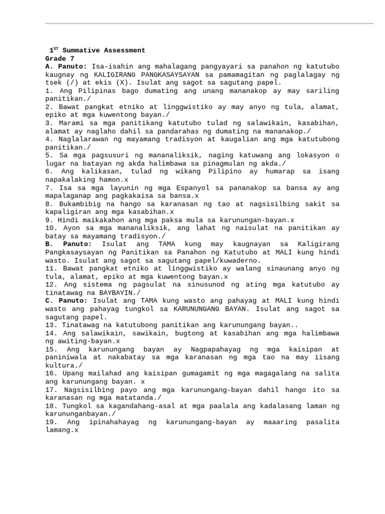 1ST Summative Assessment Grade 7 | PDF
