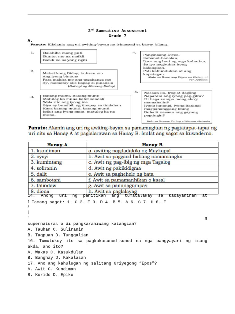 2nd Summative Assessment Grade 7 | PDF