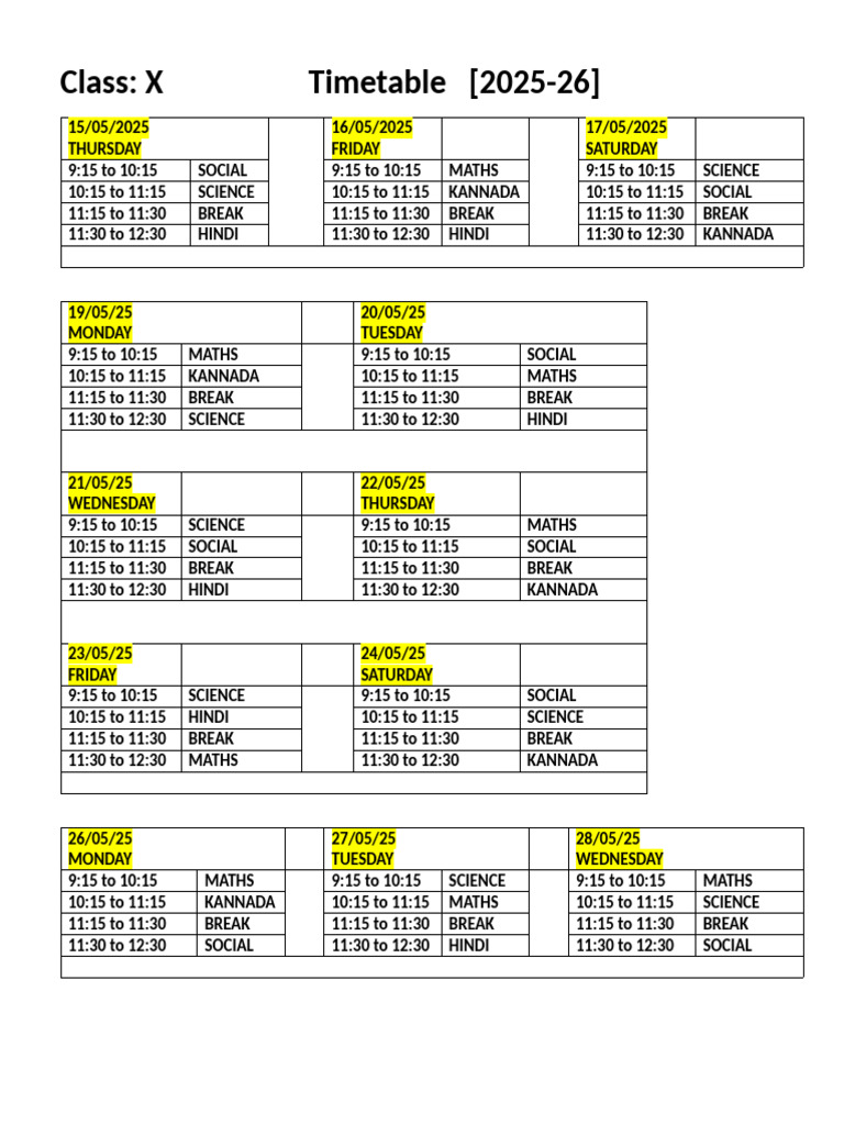 Class X Timetable 2025-26 | PDF