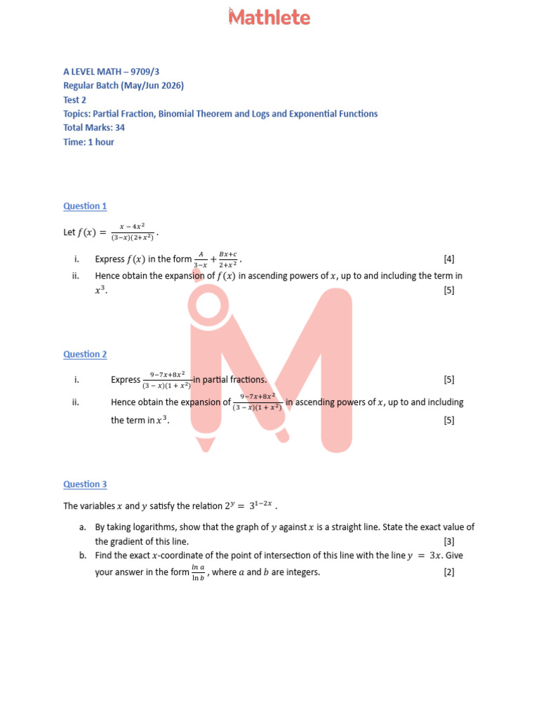 A Level Math Test 2: 9709/3 Topics | PDF