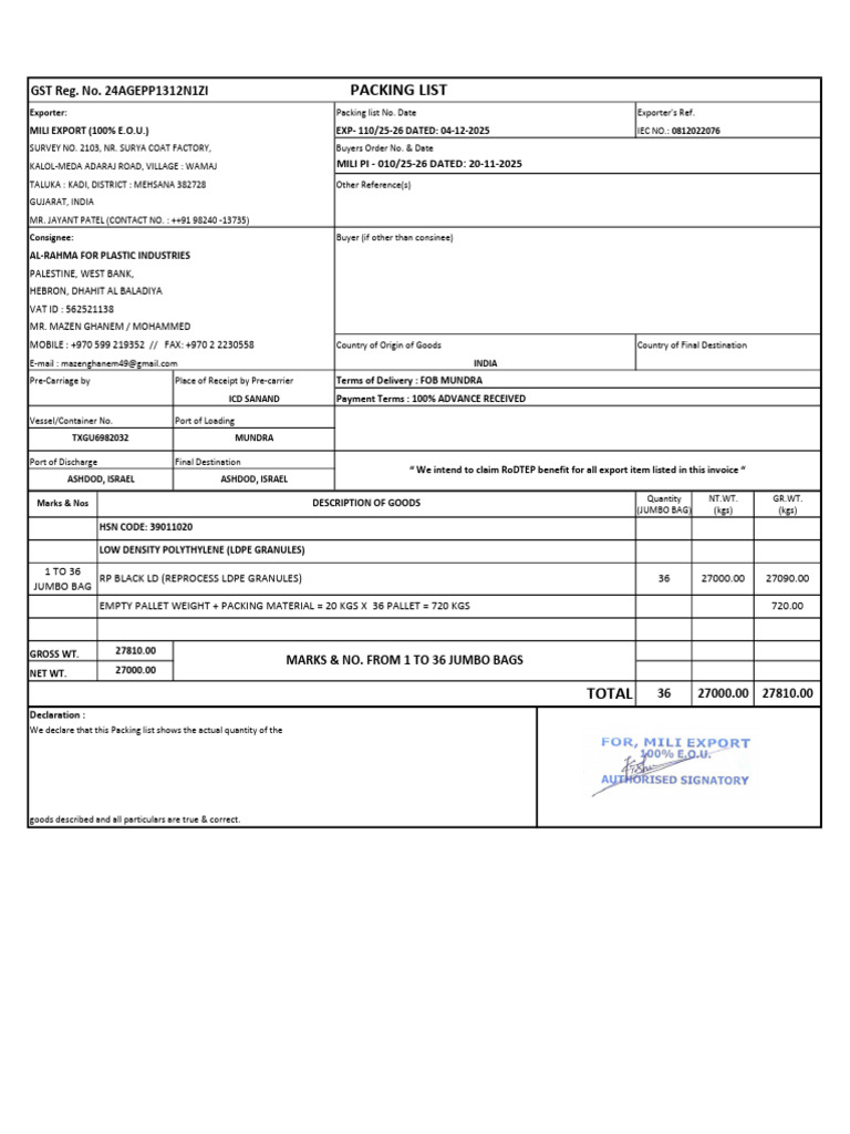 Export Packing List for LDPE Granules | PDF | Accounting | Business ...