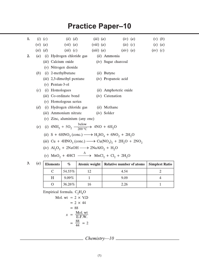 Icse Cl10 Together With Chemistry Answers to Practice Paper 10 | PDF