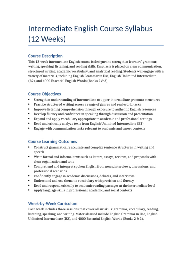 Intermediate English Course Syllabus | PDF | English Language | Reading ...