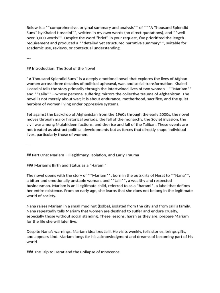 Summary and Analysis of A Thousand Splendid Suns | PDF