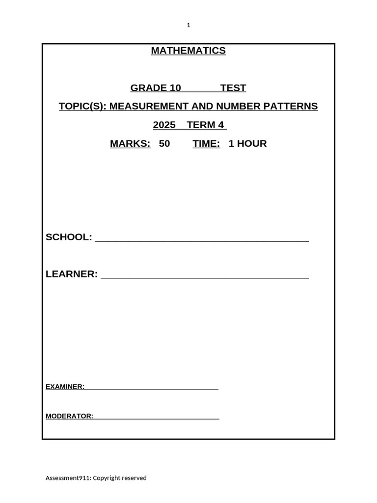 Grade 10 Mathematics Test: Measurement & Patterns | PDF | Area | Volume
