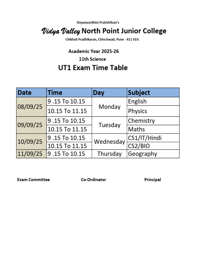 11thScience UT1 Time Table25!26!1 | PDF