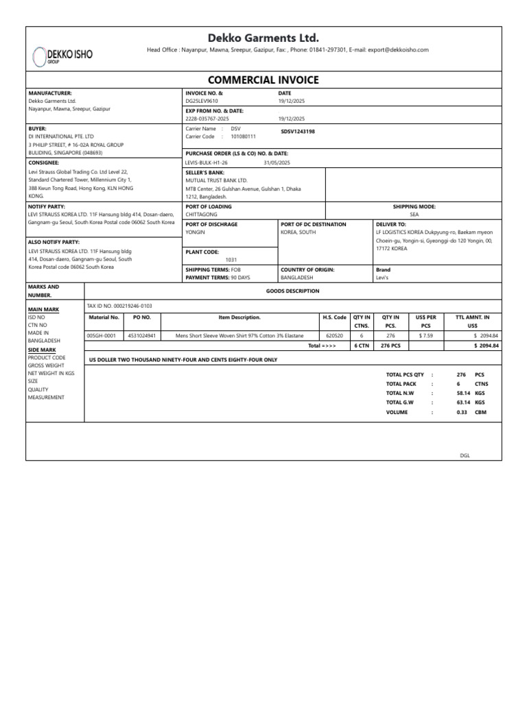 Dekko Garments Commercial Invoice | PDF