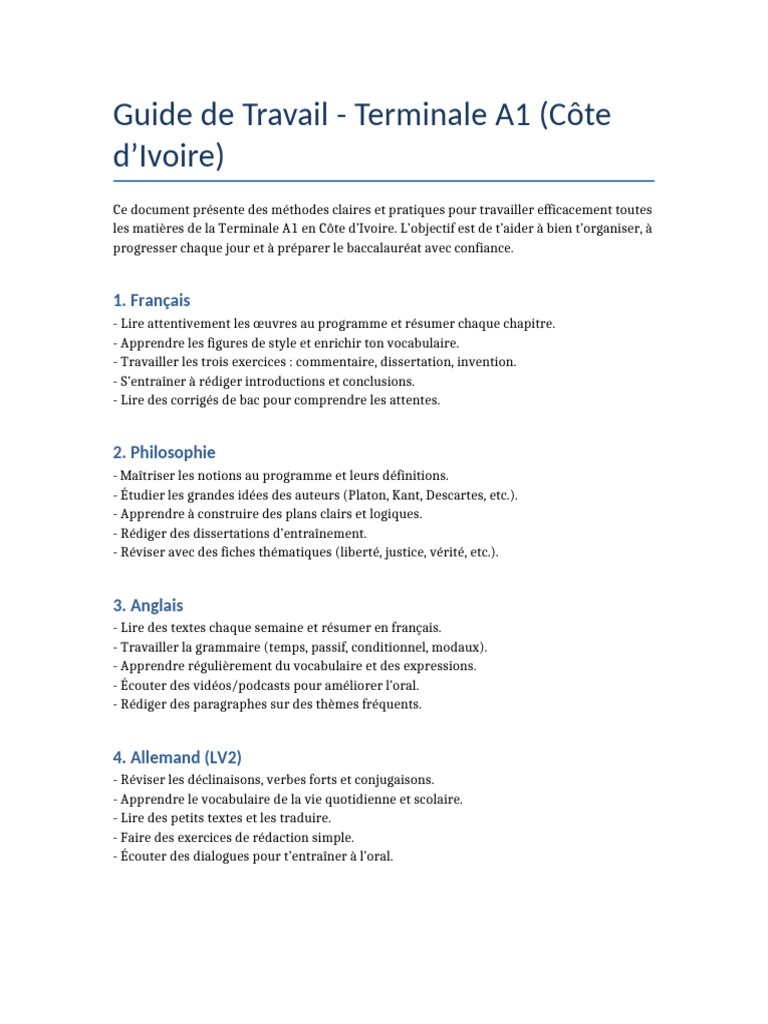 Guide de Révision Terminale A1 Côte d'Ivoire | PDF | Langue française