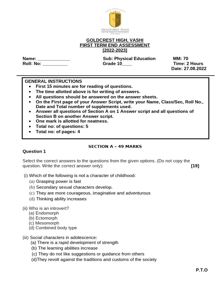 Grade 10 Physical Education Assessment | PDF | Flexibility (Anatomy)