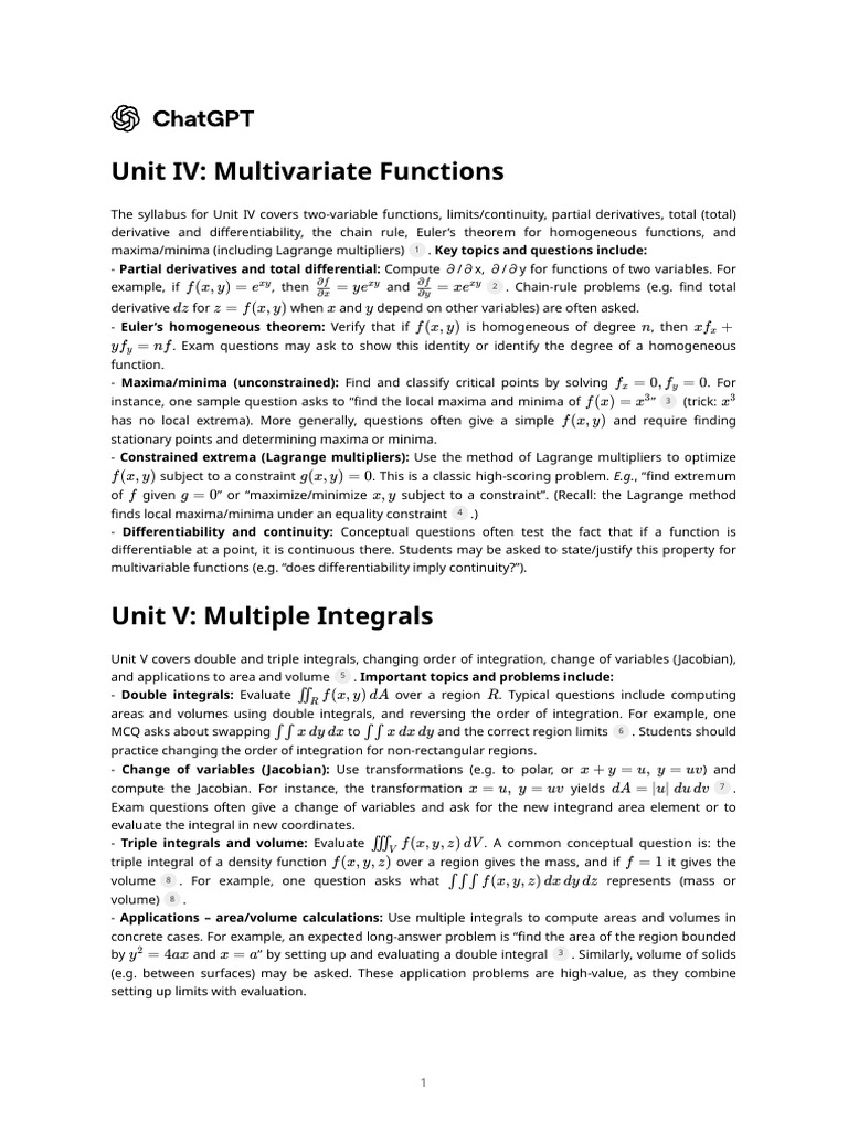 Unit IV_ Multivariate Functions (1) | PDF | Fourier Series | Integral
