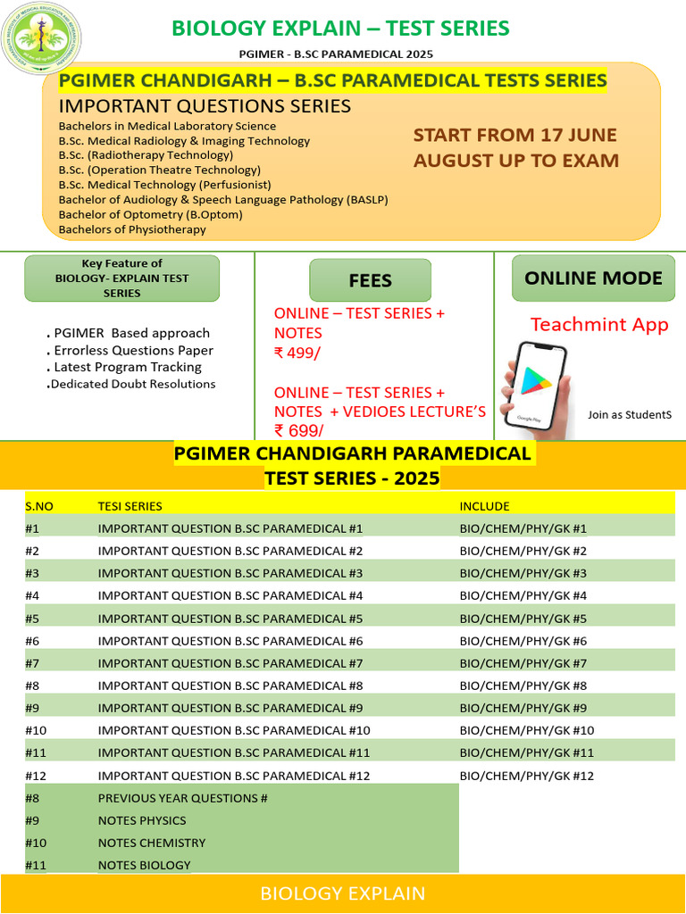 PGIMER B.Sc Paramedical Test Series | PDF | Medicine | Health Care